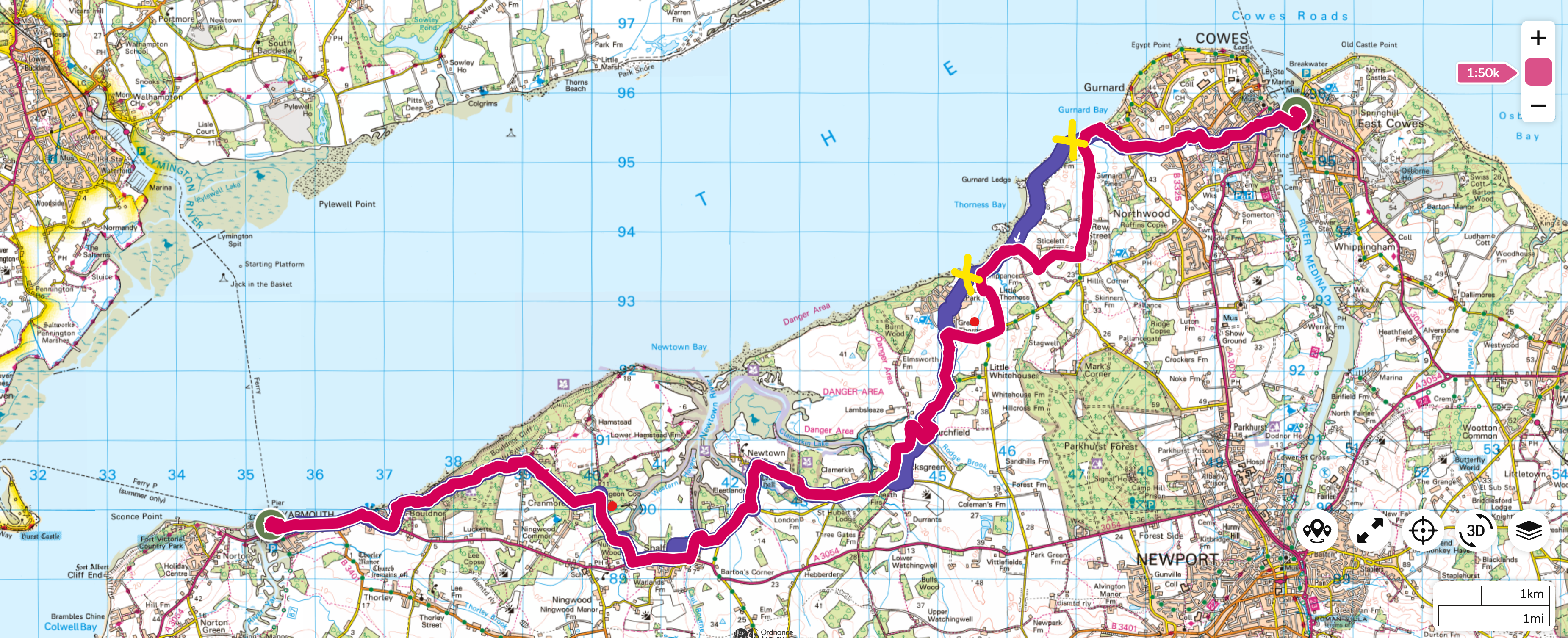 A map of my walking route from Cowes to Yarmouth on the Isle of Wight. The route I took is in magenta and the planned route in blue. The points where the path had been eroded and I had to detour are marked in yellow. It was supposed to be 23 km/14 miles, but this ended up at about 27.3 km/ 17 miles. There are two red dots marking where I saw red squirrels.